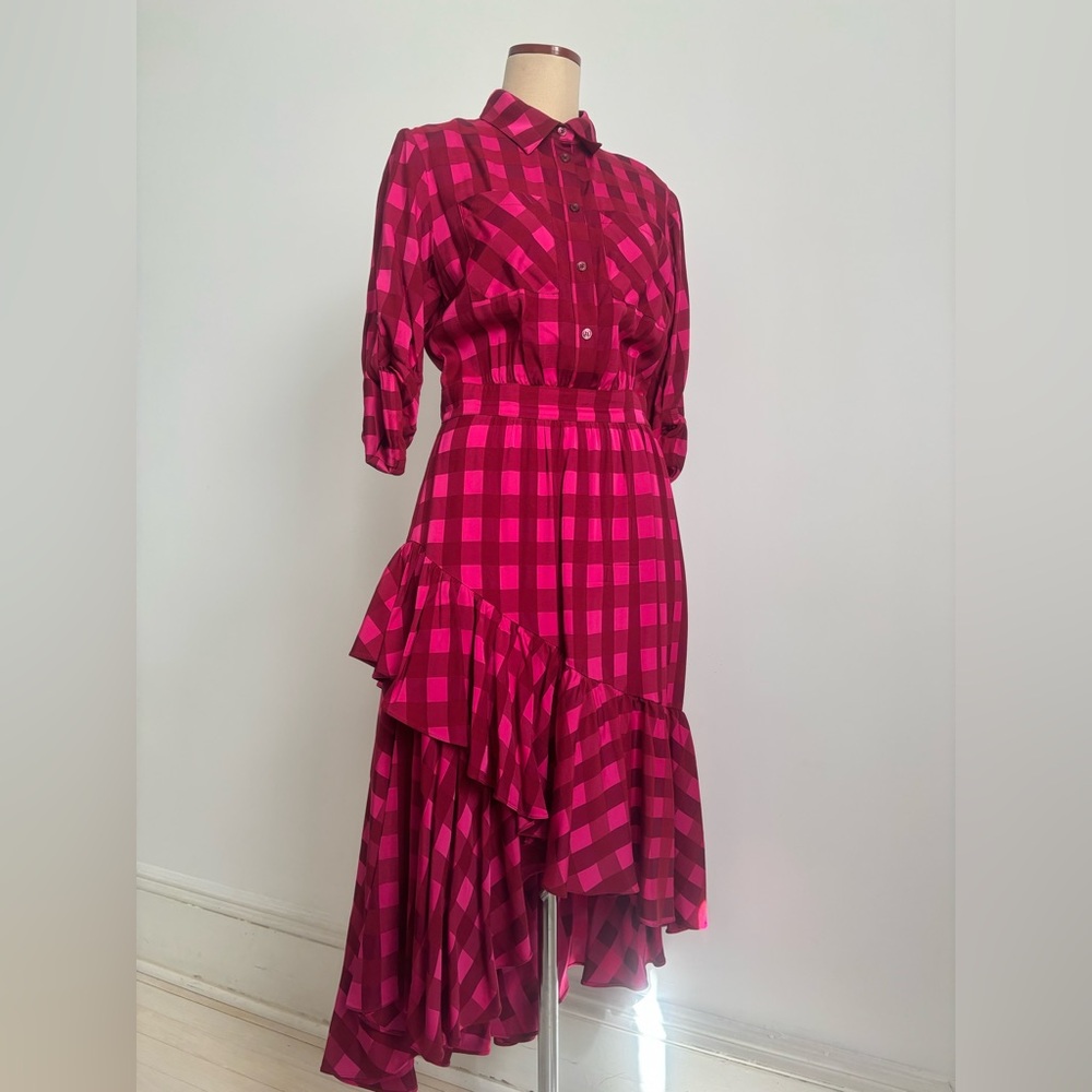 Temperley London Asymmetrical Plaid Dress in Pink and Red